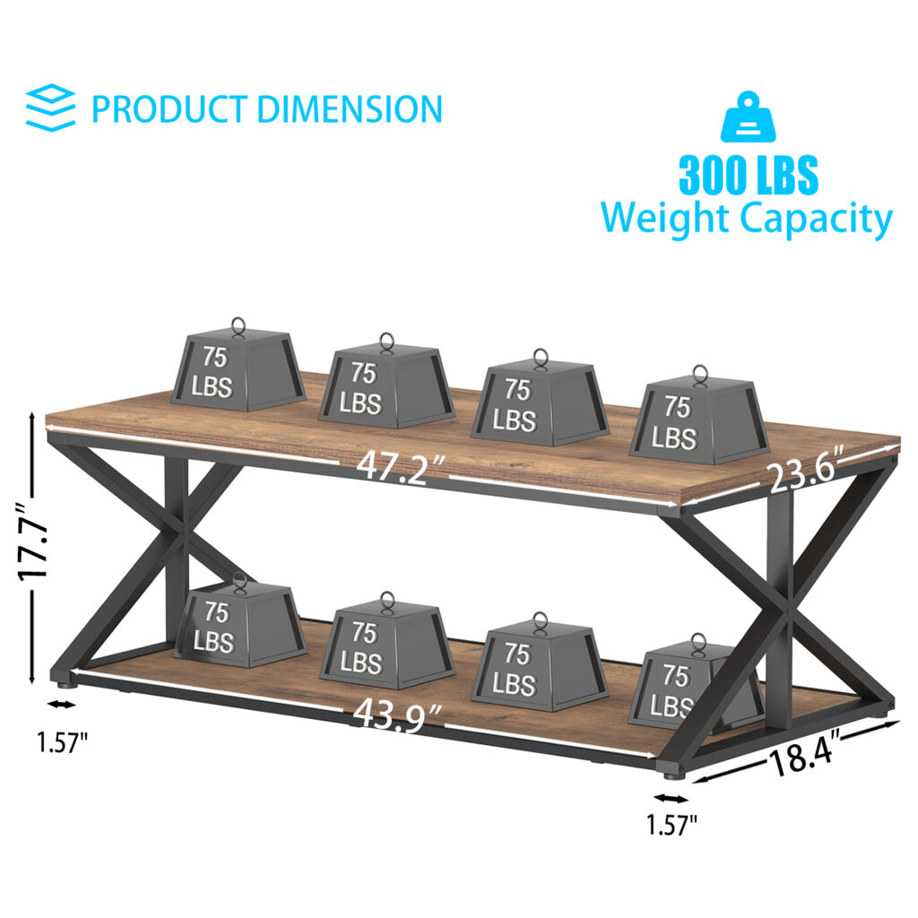 2 Tier Coffee Table with Shelf, Rustic Oak, 47 Inch_04
