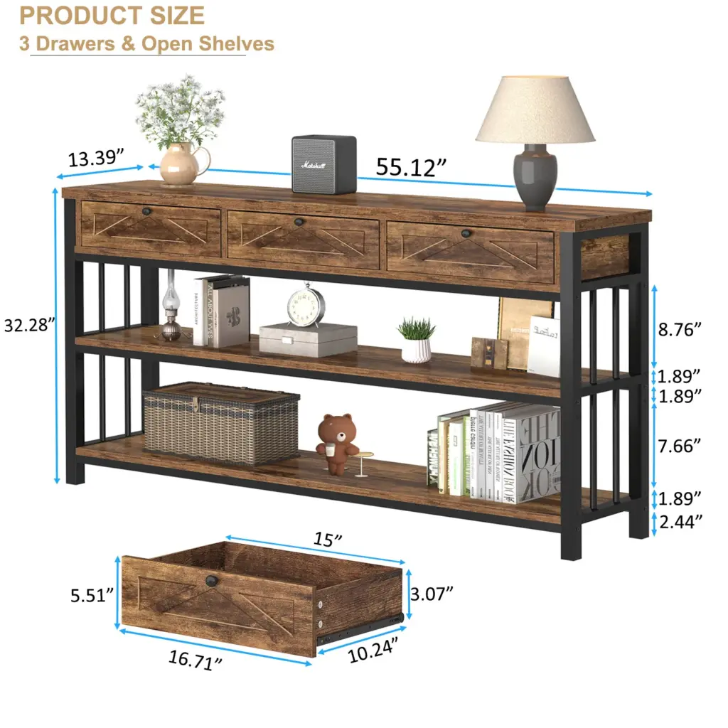 Sofa Table with 3 Drawers, Rustic Brown_09