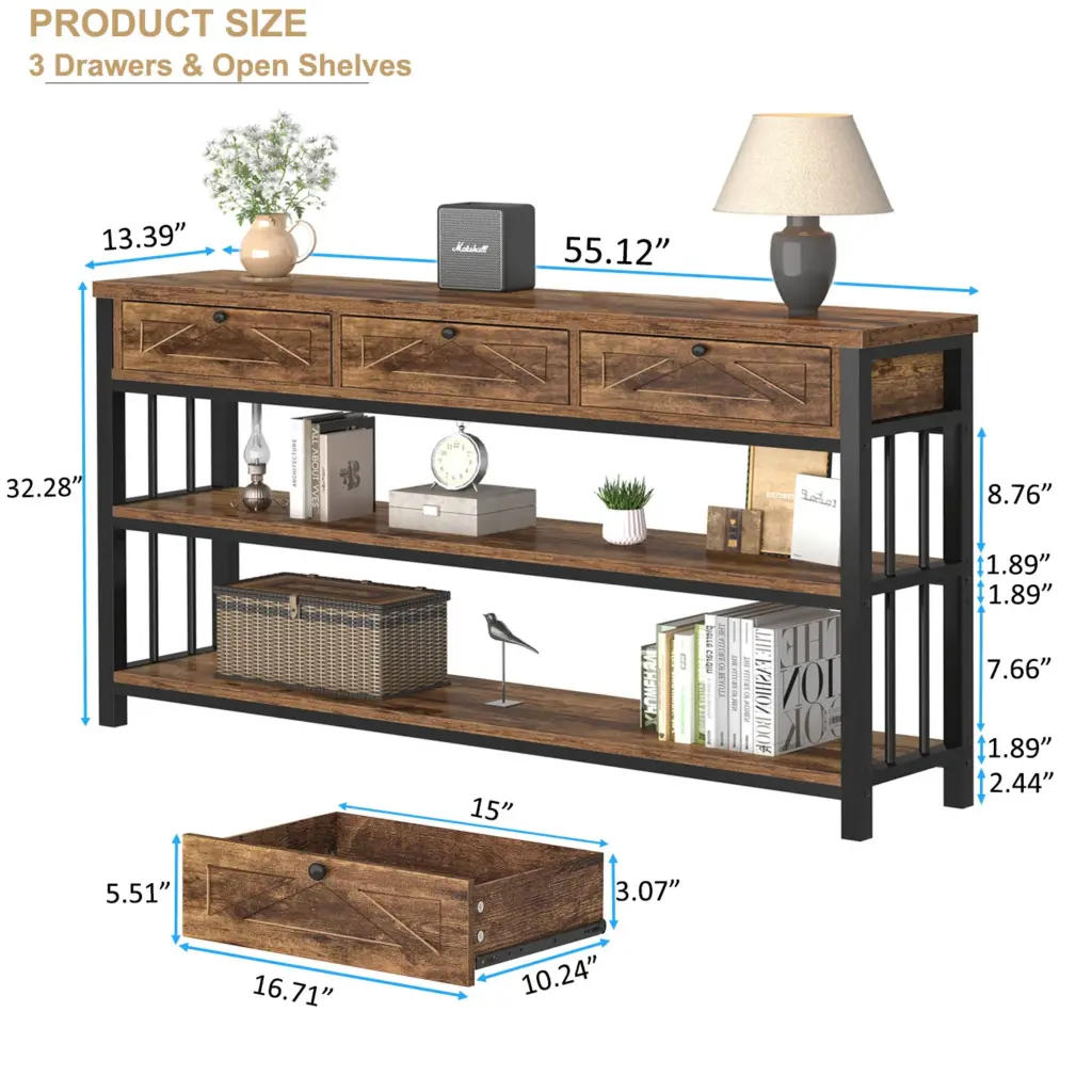 Sofa Table with 3 Drawers, Rustic Brown_08