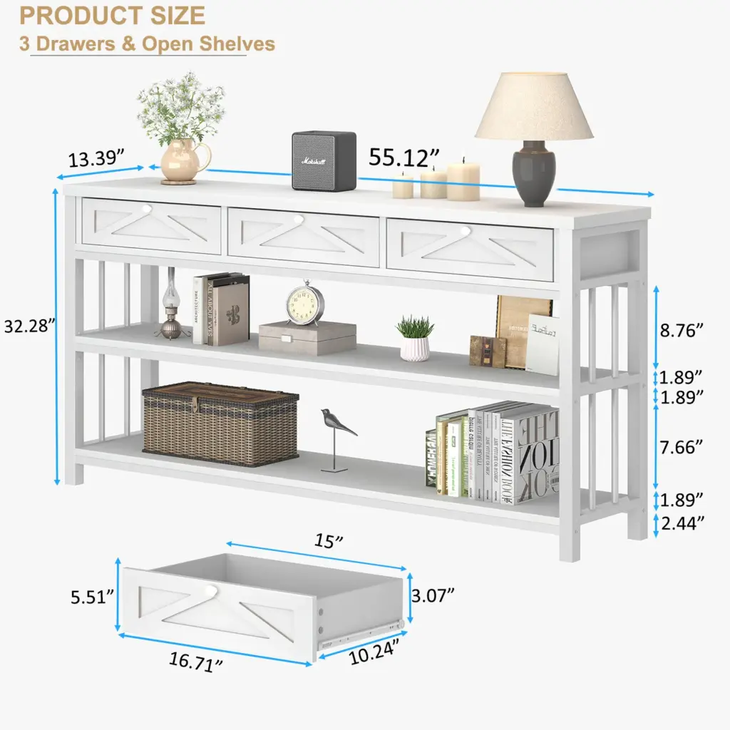 Sofa Table with 3 Drawers, White Oak_08