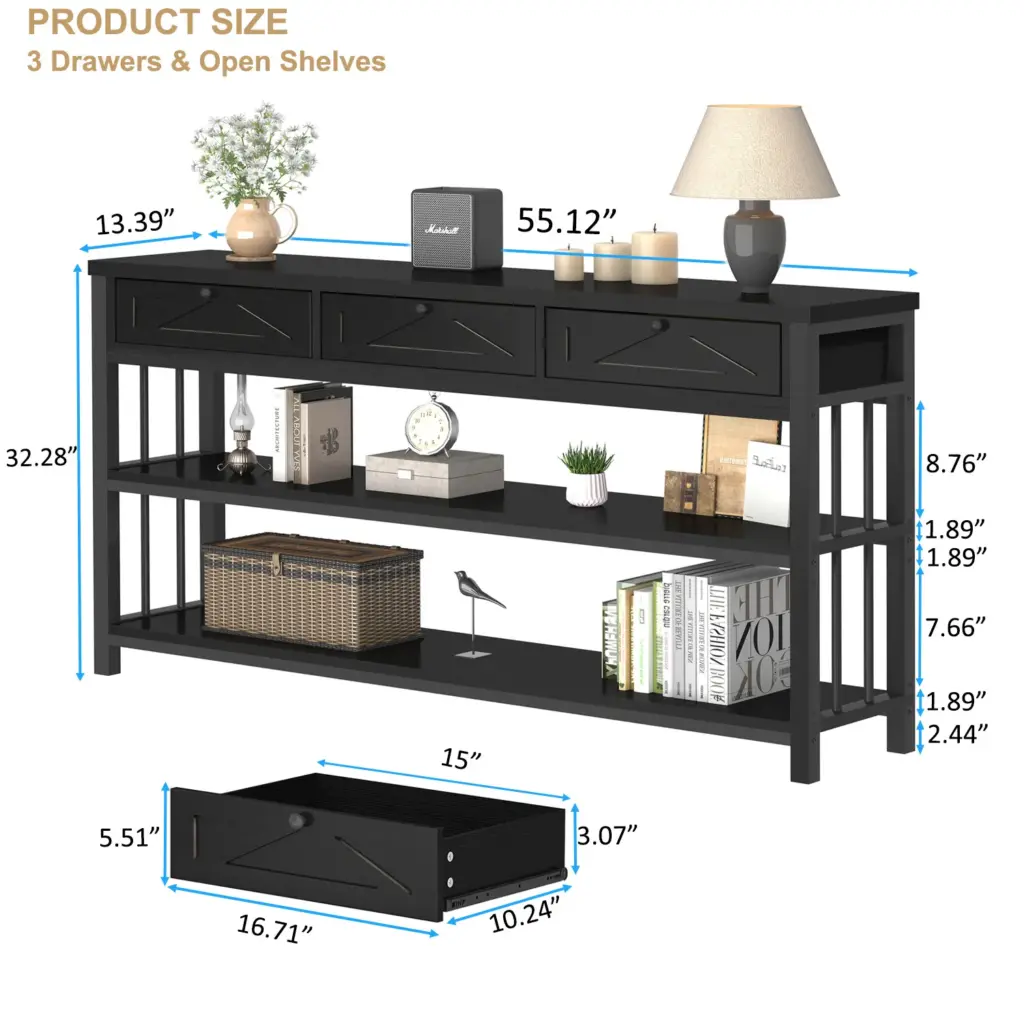 Sofa Table with 3 Drawers, Black Oak_08