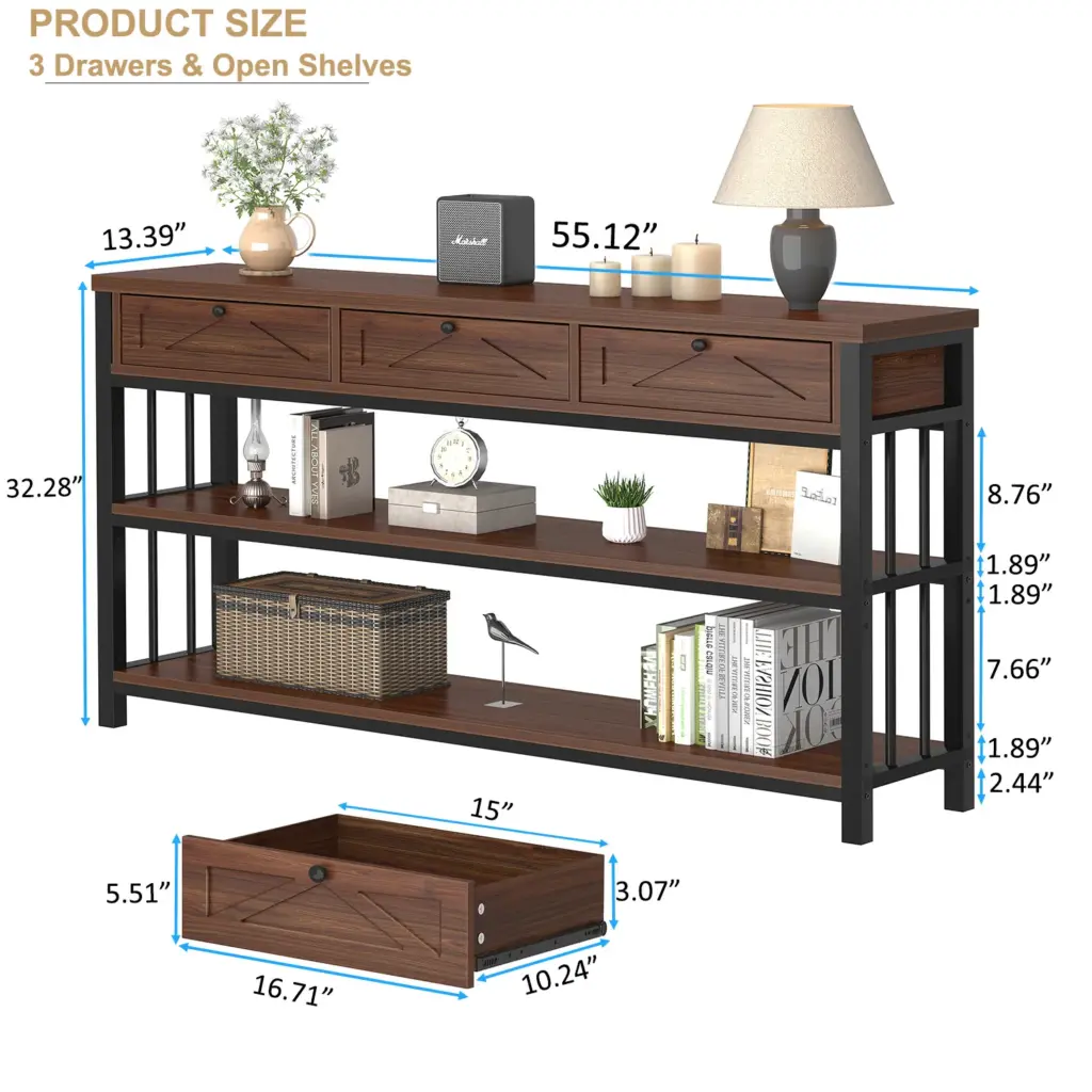 Sofa Table with 3 Drawers, Walnut_08