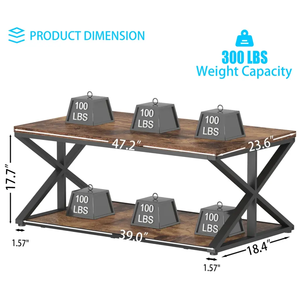 2 Tier Coffee Table with Shelf, Rustic Brown, 47 Inch_10