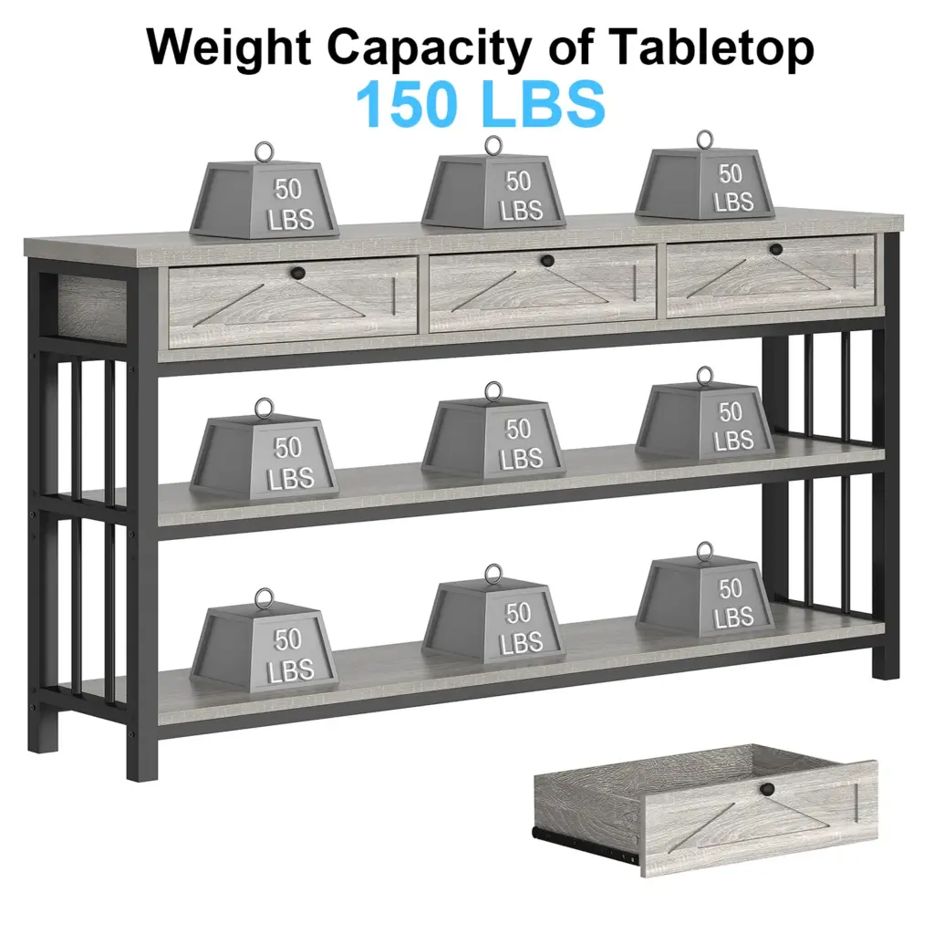 Sofa Table with 3 Drawers, Light Grey Oak_07