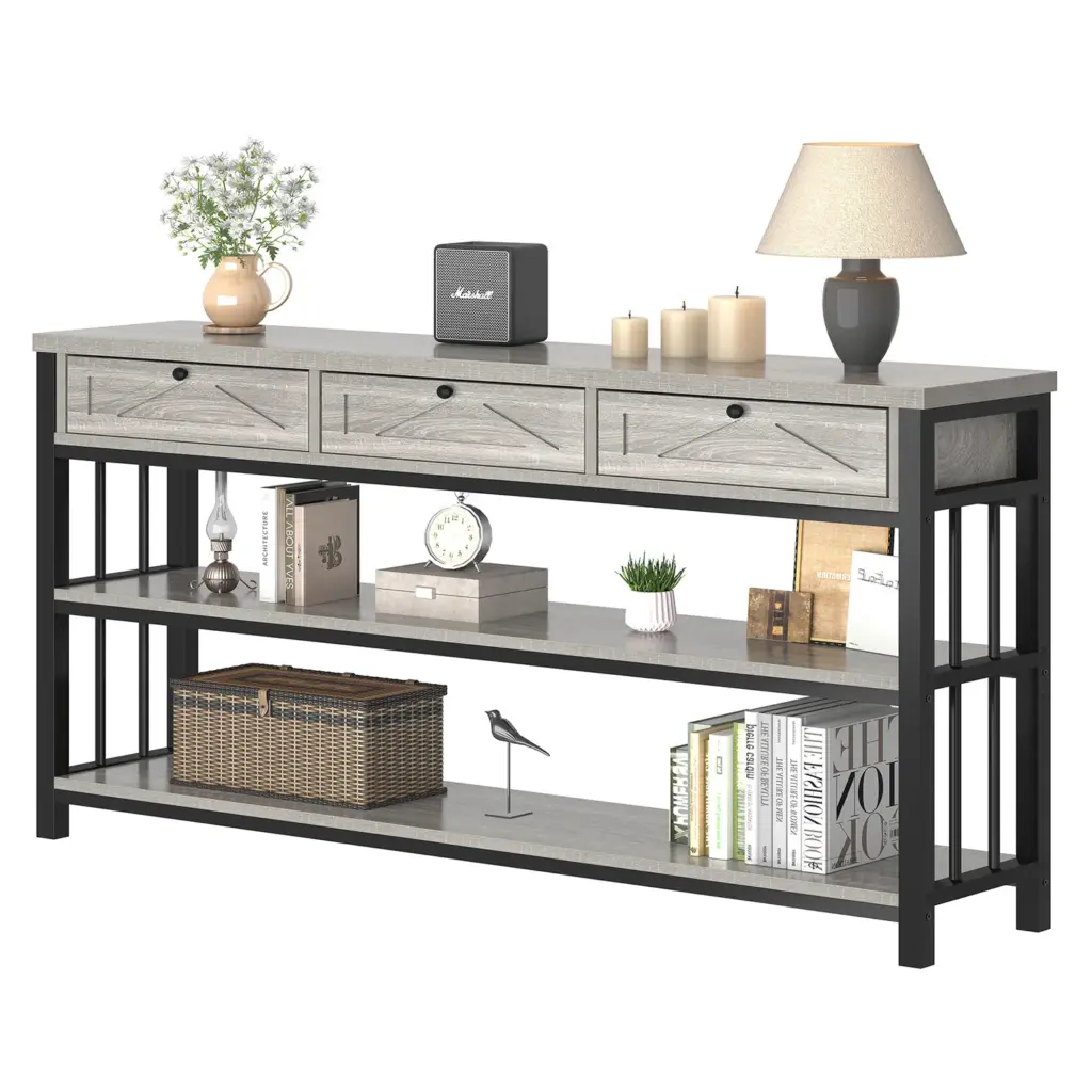 Sofa Table with 3 Drawers, Light Grey Oak_06