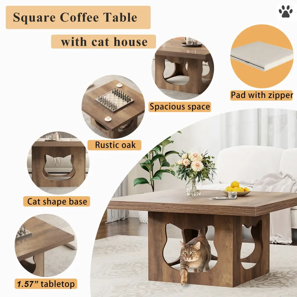Square Coffee Table with Cat House Cushion, Rustic Oak_13