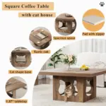 Square Coffee Table with Cat House Cushion, Rustic Oak_13