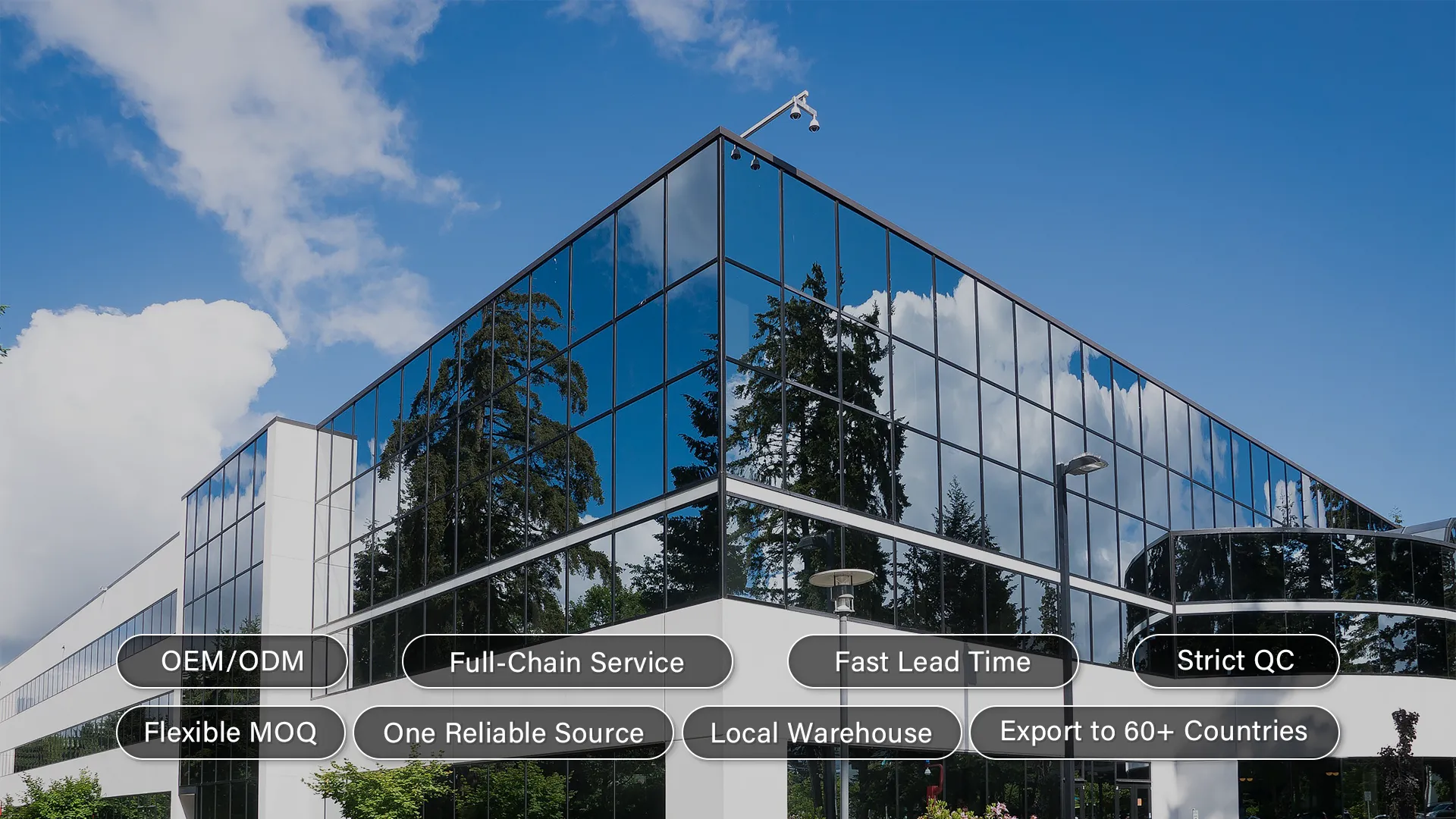 Modern glass office building with clouds and trees reflected on its windows; text overlays highlight business features like OEM/ODM, strict QC, full-chain service, fast lead time, and global export.
