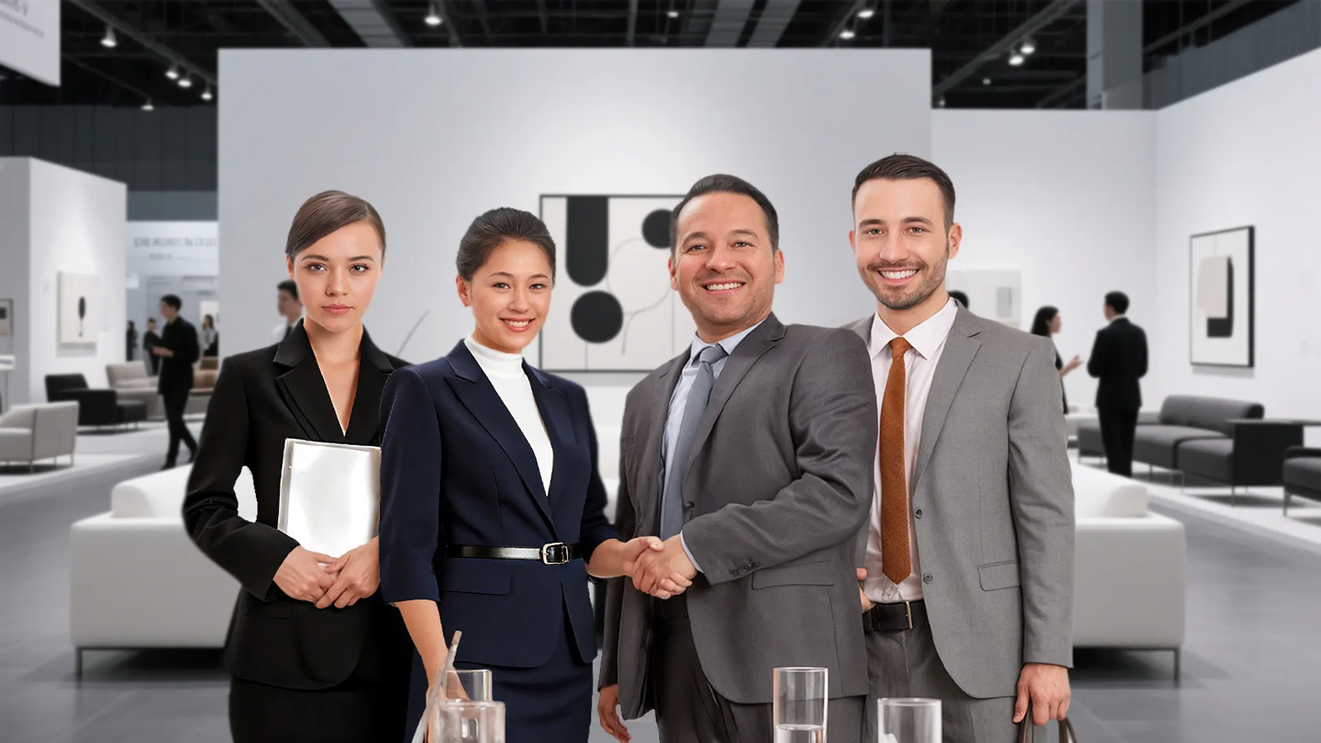 Four business professionals in formal attire stand in an art gallery; two men in suits are shaking hands while two women, holding documents related to our certification, stand beside them and smile.