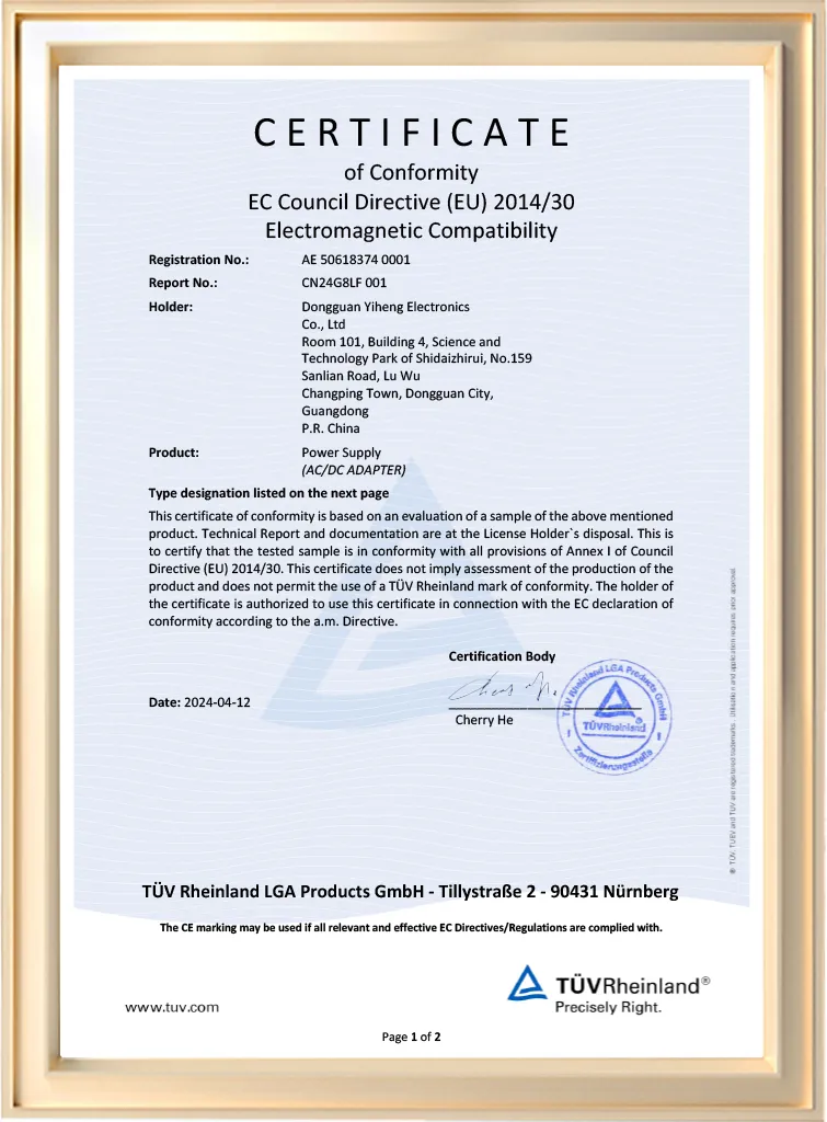 Certificate of Conformity for Dongguan Yiheng Electronics Co., Ltd. power supply, compliant with EC Council Directive (EU) 2014/30 on electromagnetic compatibility, dated 2024-04-12.